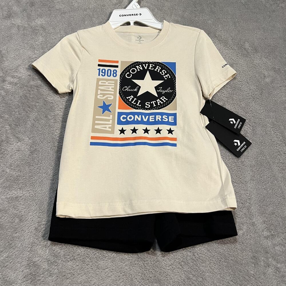 Converse Shirt Shorts Set Boys Size 7 Beige Black All Star Logo Graphic New